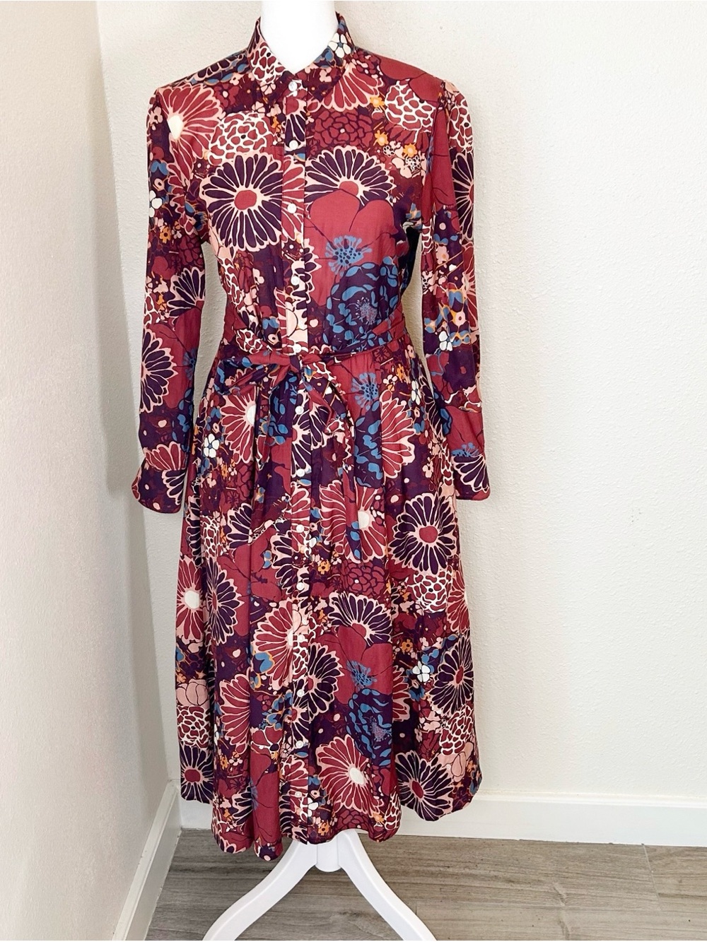Birds Of Paradise By Trovata Moody Floral Midi Shirt Dress XS Preppy Classic